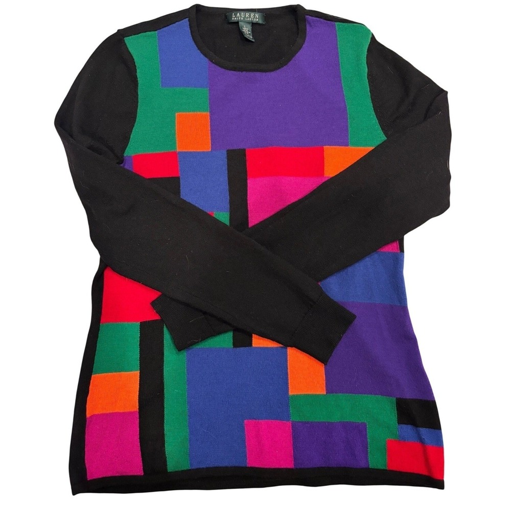 Lauren Ralph Lauren Colorblock Geometric Knit Sweater Black Multi Crew Neck L 80